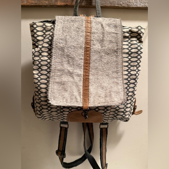 Myra Bag Western Backpack Upcycled Leather Canvas Cowhide Flap Hair Boho NWOT
